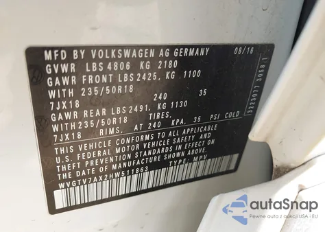 2017 Volkswagen Tiguan 2.0T Sport z USA, uszkodzony, nr VIN WVGTV7AX2HW511863